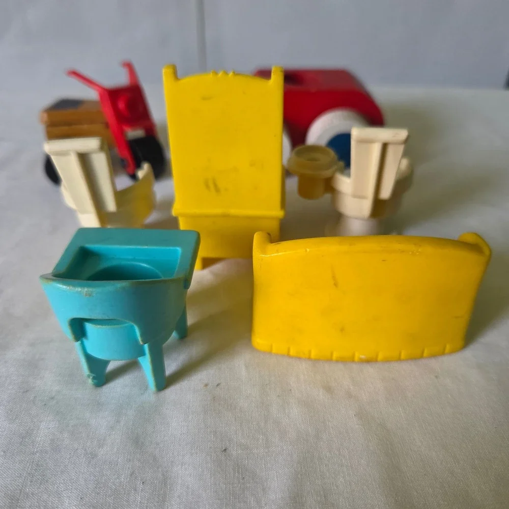 Vintage Fisher Price Little People Furniture Lot Wooden Car Tricycle High Chairs